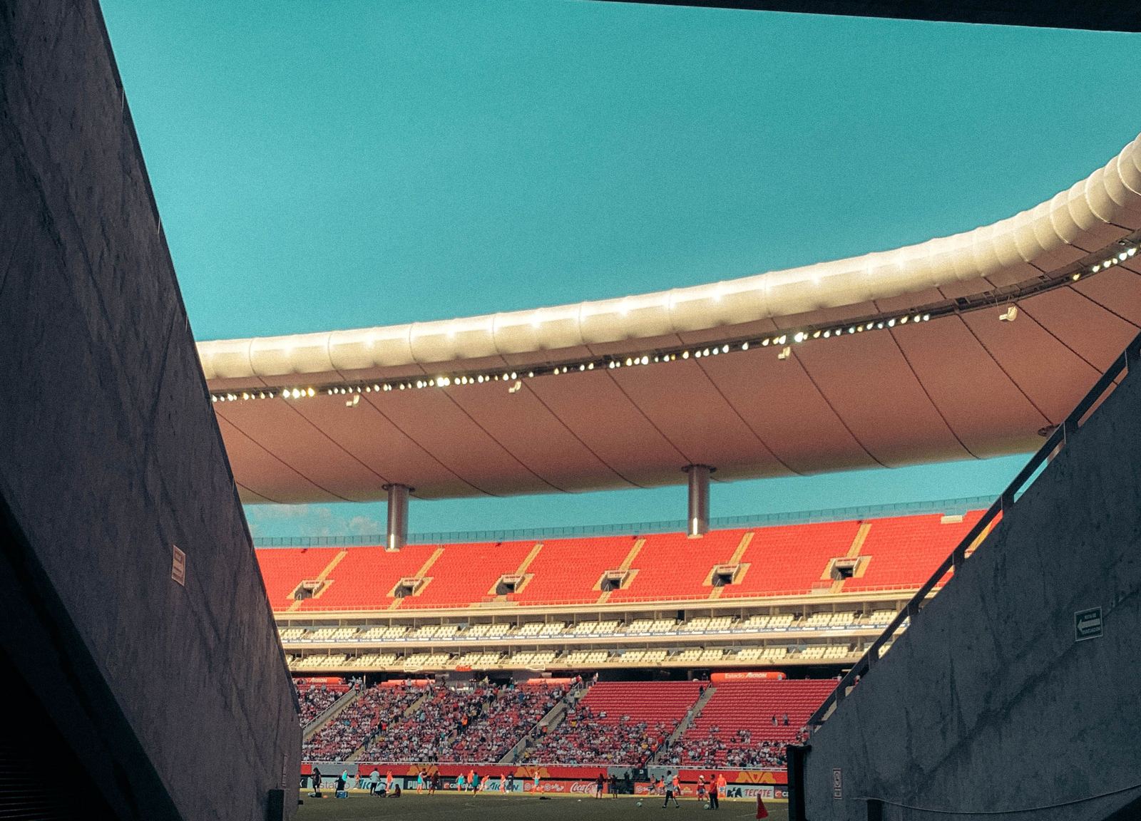 Stadium roof and stands seen from the tunnel